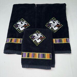 Ritz Halloween Hand Fingertip Towels Set of 3 Black Embroidered Ghosts Cotton